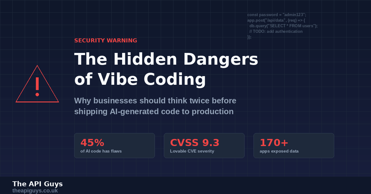 A warning sign overlaid on a code editor screen representing the security risks of vibe coding tools